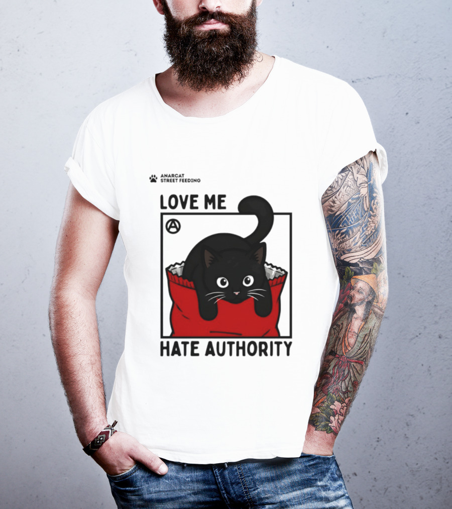Anarcat Street Feeding Love Me Hate Authority Black Cat Red Bag T-Shirt