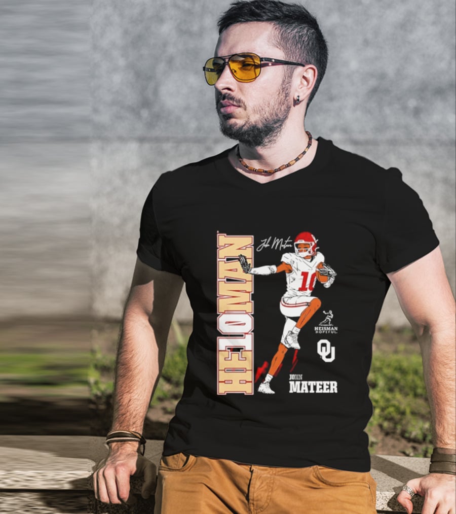 HE10MAN J Mateer Oklahoma Sooners Heisman Stance Player Number 10 T-Shirt