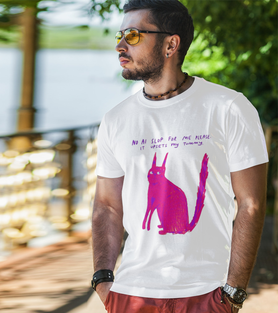 No AI Slop For Me Please It Upsets My Tummy Pink Cat T-Shirt