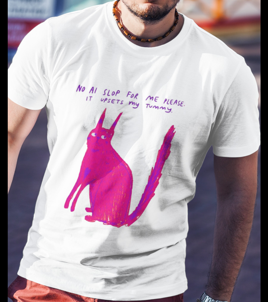 No AI Slop For Me Please It Upsets My Tummy Pink Cat T-Shirt