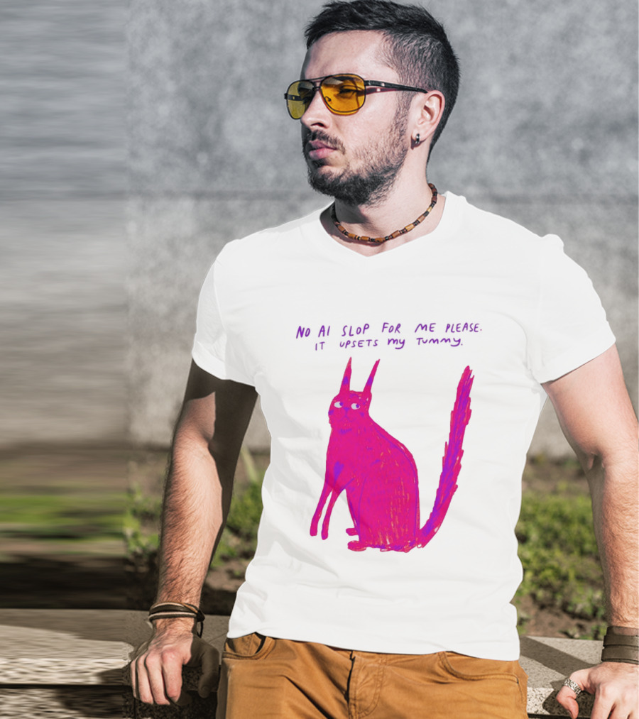 No AI Slop For Me Please It Upsets My Tummy Pink Cat T-Shirt