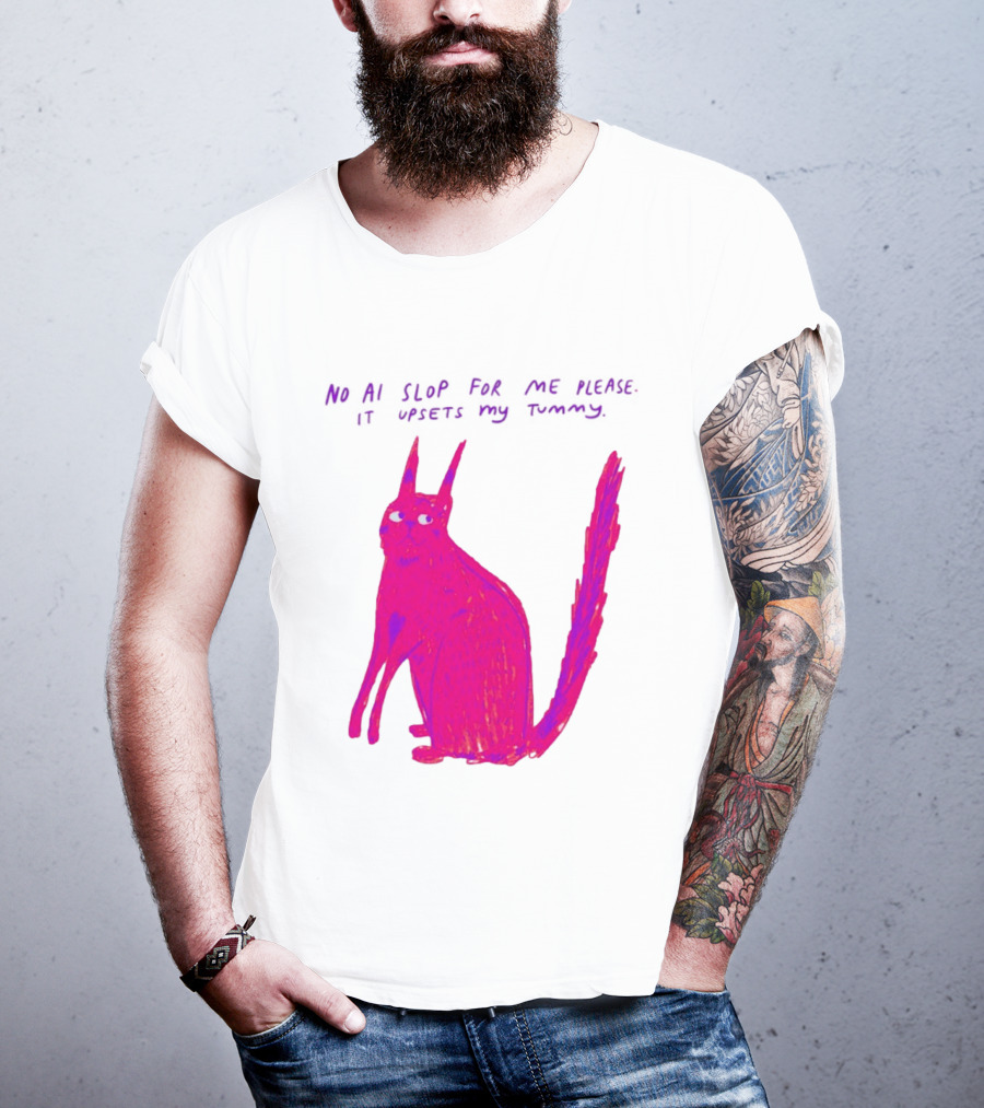 No AI Slop For Me Please It Upsets My Tummy Pink Cat T-Shirt