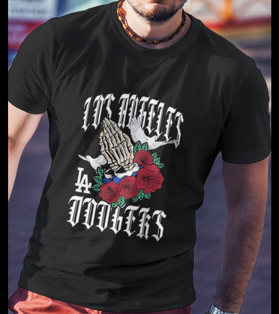 Los Angeles Dodgers Gothic Bloom Praying Hands Roses Halloween 2026 T-Shirt