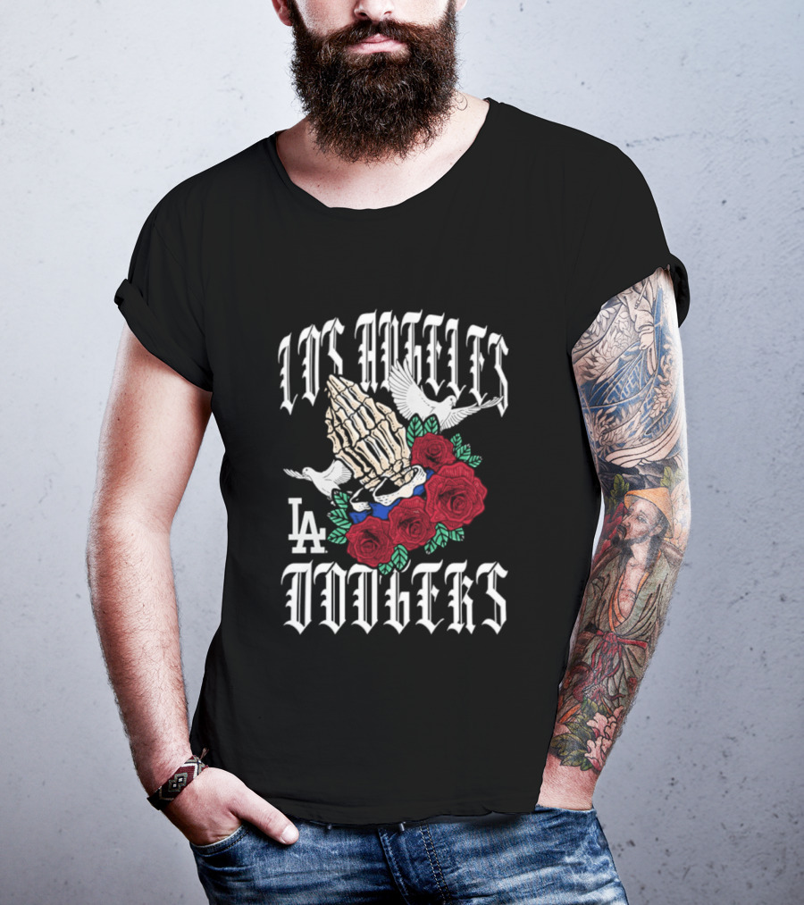 Los Angeles Dodgers Gothic Bloom Praying Hands Roses Halloween 2026 T-Shirt