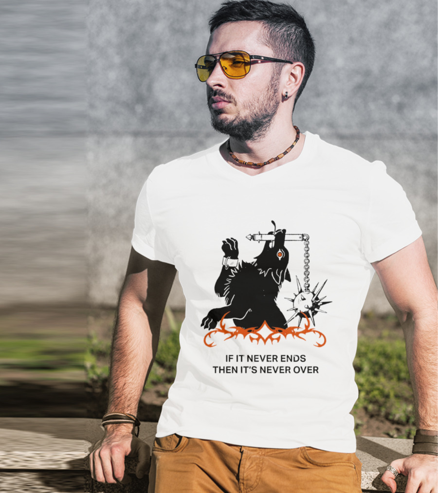 If It Never Ends Then It's Never Over Gothic Skeleton Warrior With Spiked Mace And Orange Flames T-Shirt