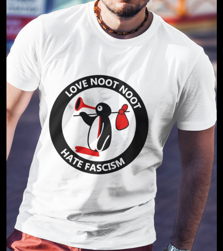 Love Noot Noot Hate Fascism Penguin Carrying Red Bag T-Shirt
