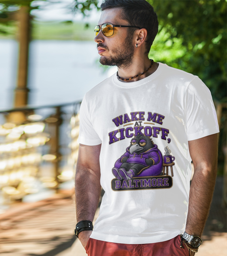 Wake Me At Kickoff Baltimore Purple Bird With Coffee T-Shirt