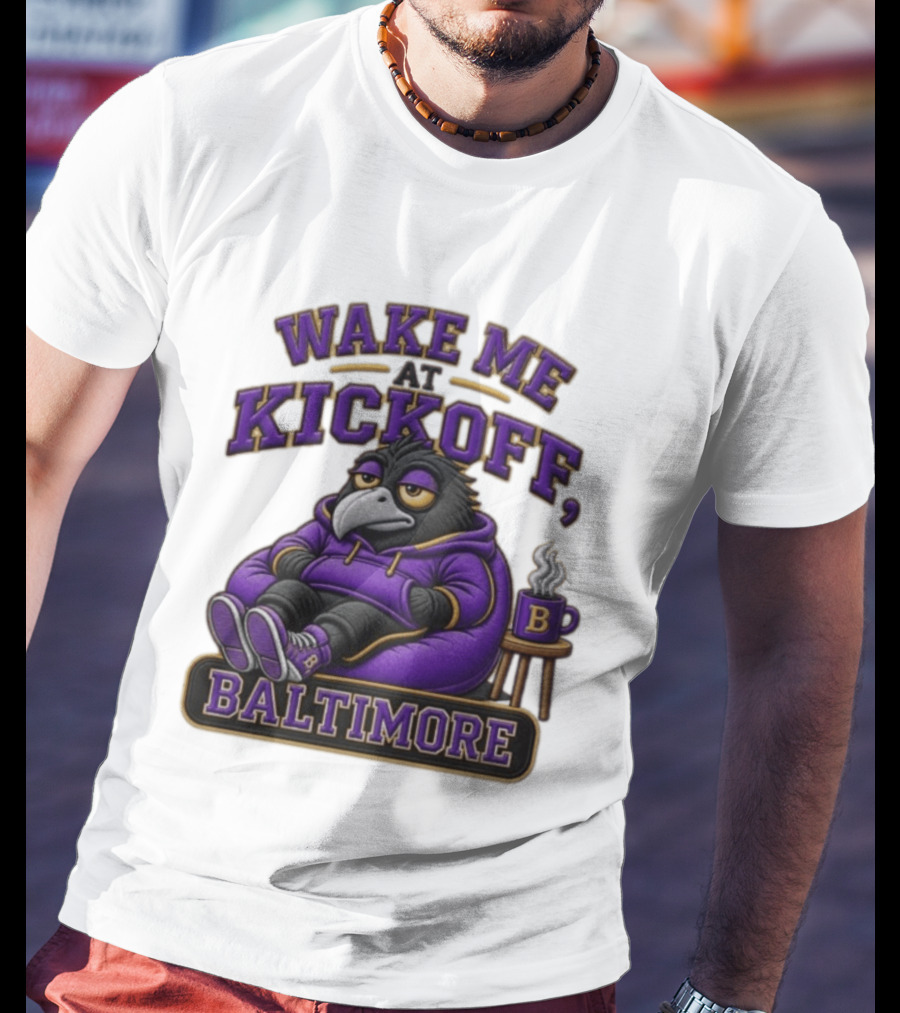 Wake Me At Kickoff Baltimore Purple Bird With Coffee T-Shirt