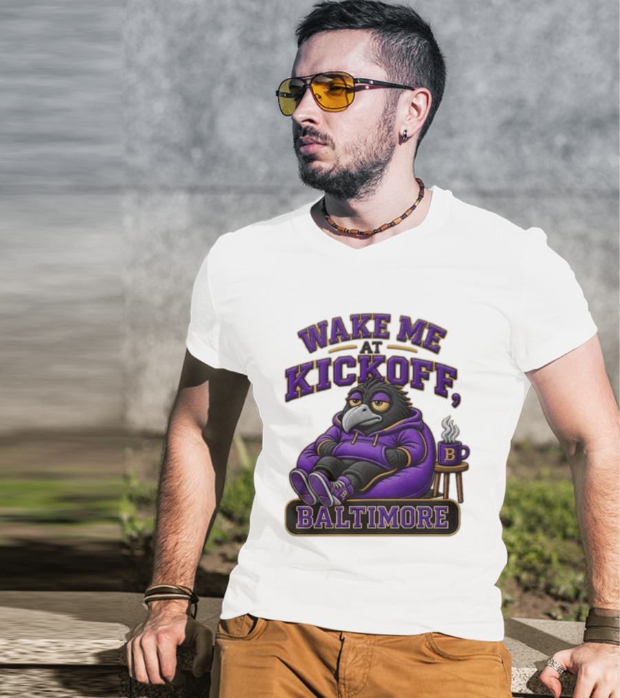 Wake Me At Kickoff Baltimore Purple Bird With Coffee T-Shirt