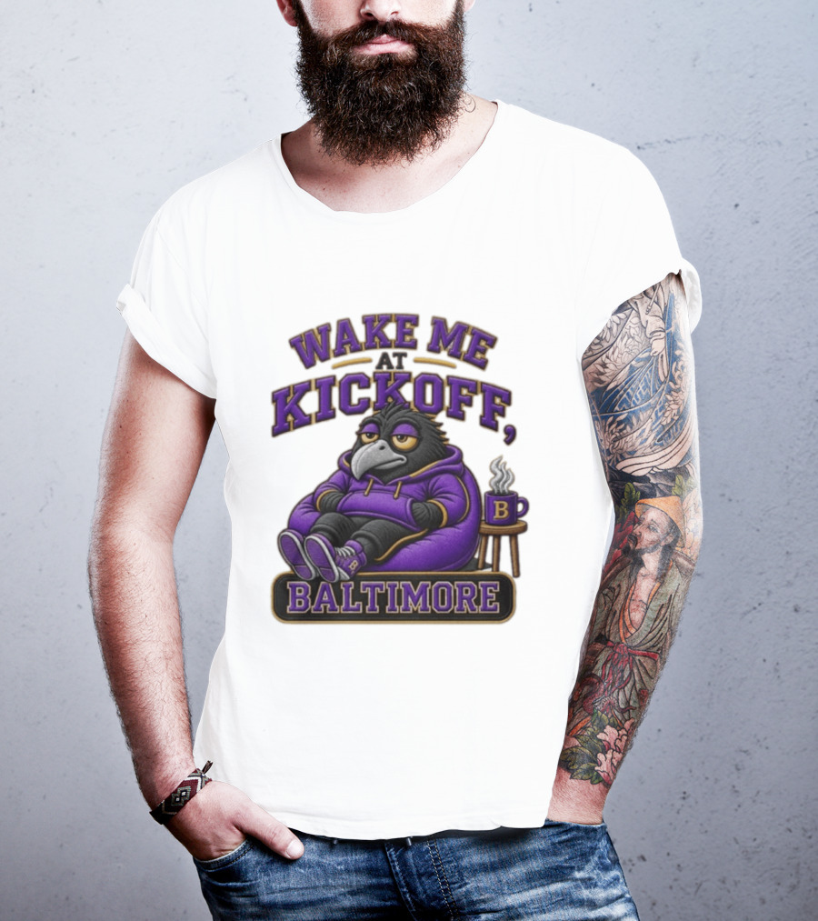 Wake Me At Kickoff Baltimore Purple Bird With Coffee T-Shirt