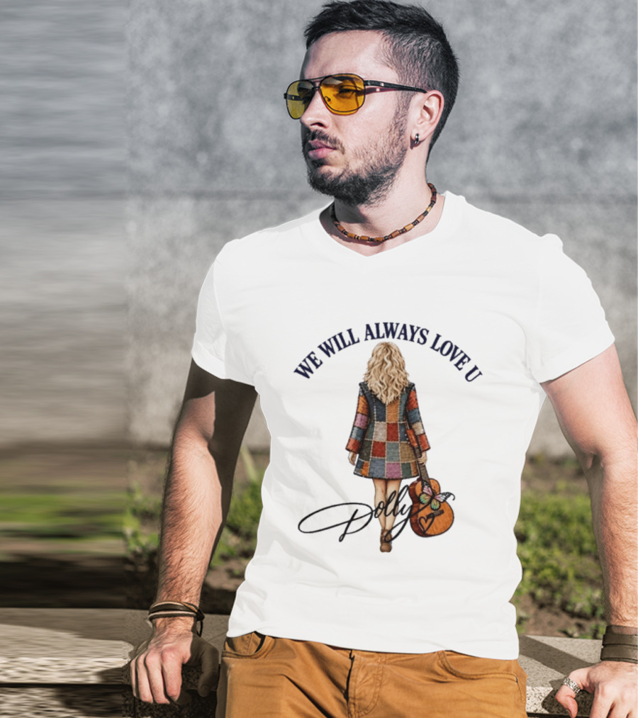 We Will Always Love U Dolly Retro Patchwork Guitar T-Shirt