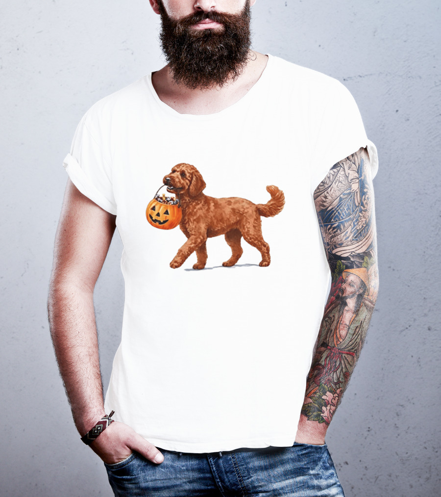 Goldendoodle Halloween Spooky Dog 2026 Pumpkin Treat Bucket T-Shirt