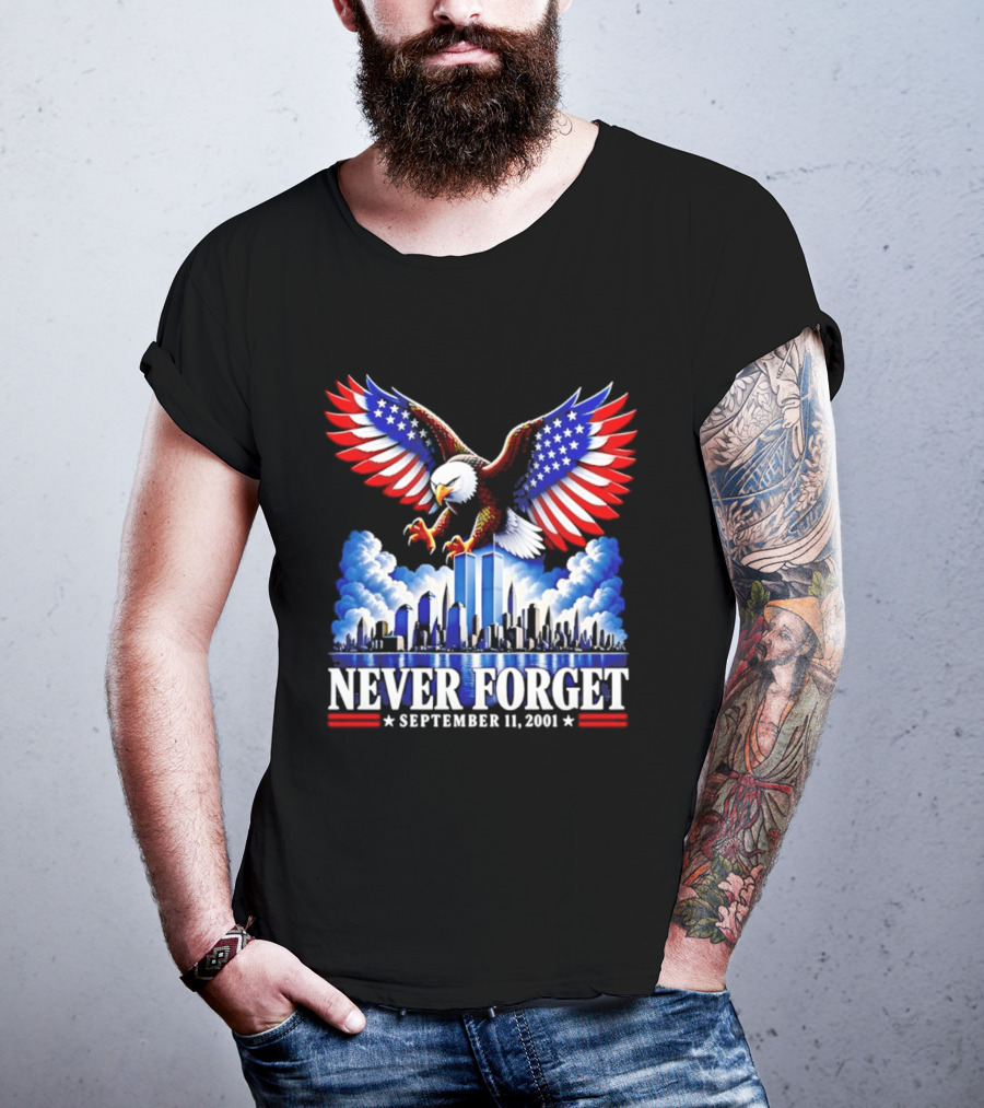 Never Forget September 11 2001 Eagle American Flag Twin Towers Memorial T-Shirt