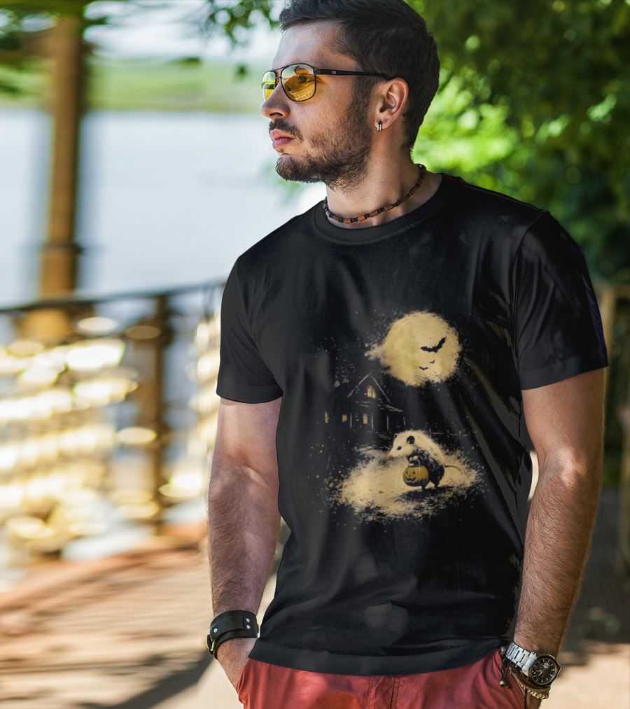 Opossum Halloween 2026 Pumpkin Spooky Moon Haunted House Scene T-Shirt