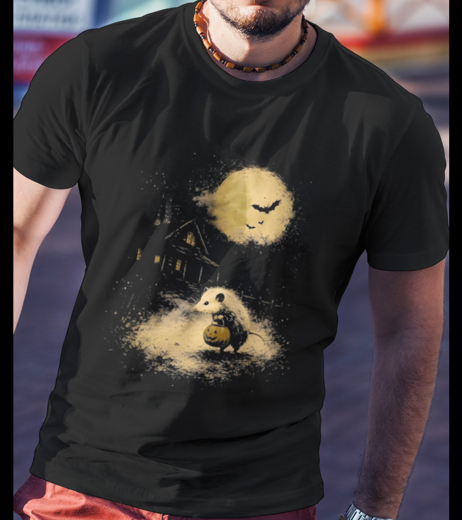 Opossum Halloween 2026 Pumpkin Spooky Moon Haunted House Scene T-Shirt
