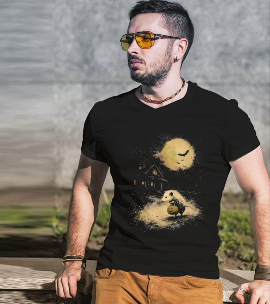 Opossum Halloween 2026 Pumpkin Spooky Moon Haunted House Scene T-Shirt