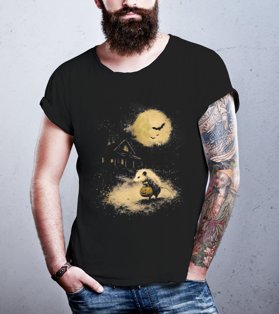 Opossum Halloween 2026 Pumpkin Spooky Moon Haunted House Scene T-Shirt
