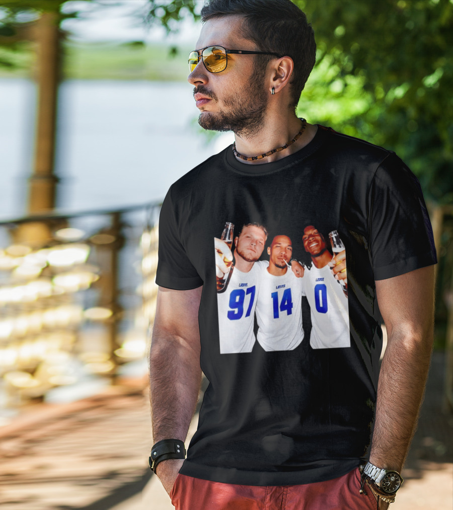 Detroit Lions Aidan Hutchinson Amon Ra St. Brown Jahmyr Gibbs Holding Beer Bottles Smoking Celebration T-Shirt