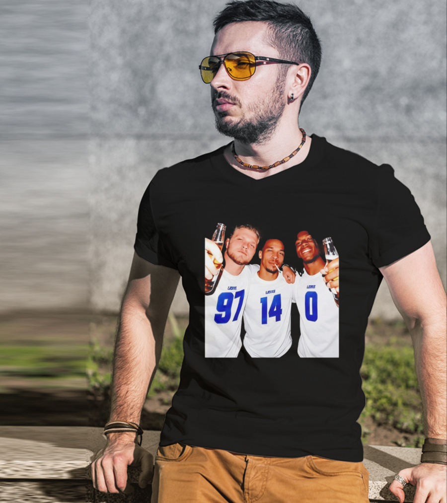 Detroit Lions Aidan Hutchinson Amon Ra St. Brown Jahmyr Gibbs Holding Beer Bottles Smoking Celebration T-Shirt