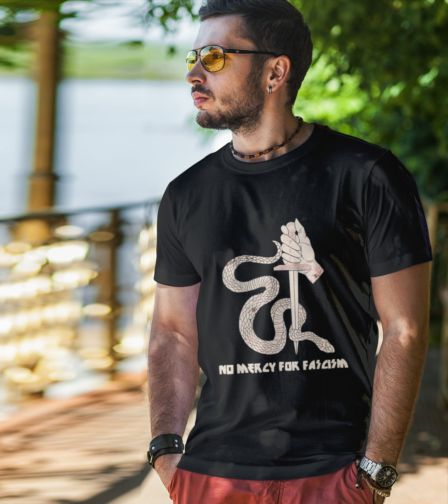 No Mercy For Fascism Snake Winding Around Dagger And Hand T-Shirt