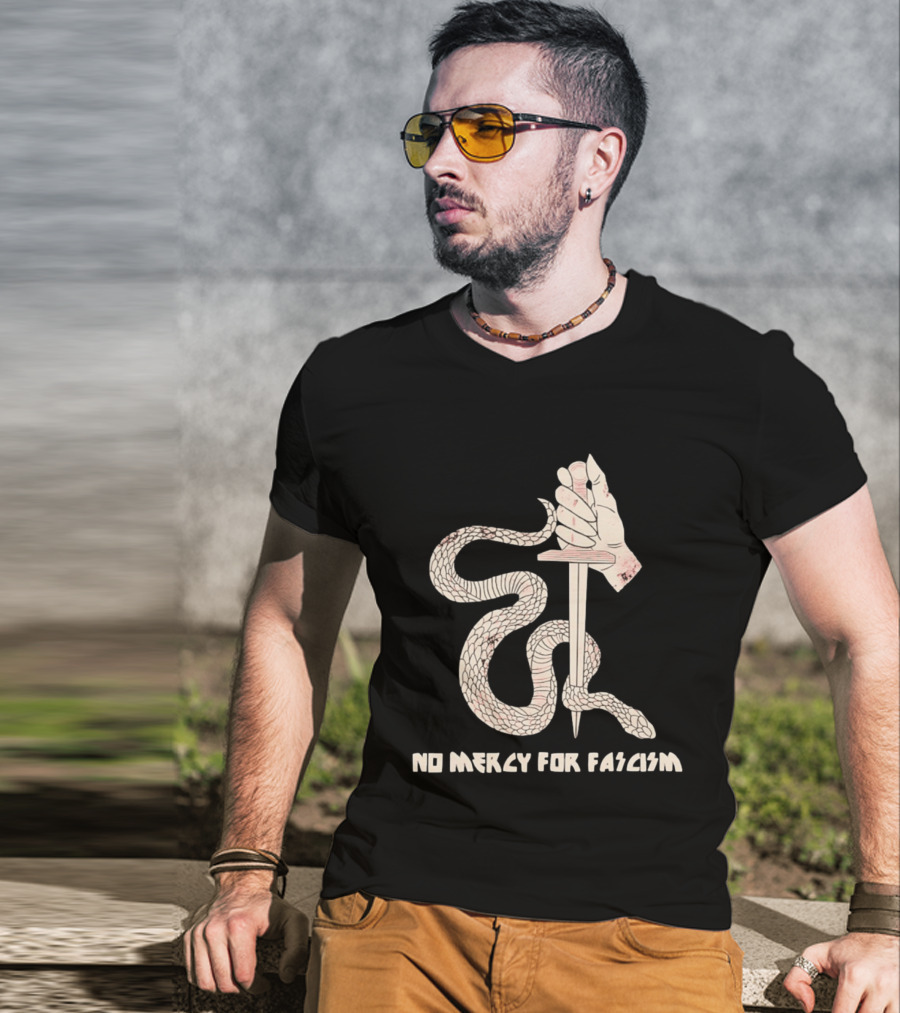 No Mercy For Fascism Snake Winding Around Dagger And Hand T-Shirt