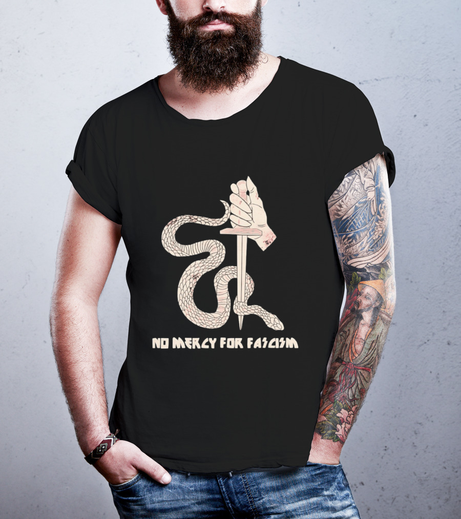 No Mercy For Fascism Snake Winding Around Dagger And Hand T-Shirt
