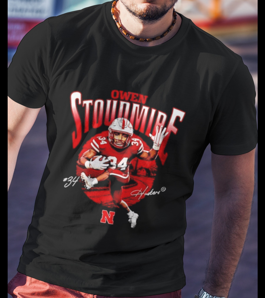 Owen Stoudmire 34 Nebraska Cornhuskers Football Player Caricature Huskers Signature T-Shirt