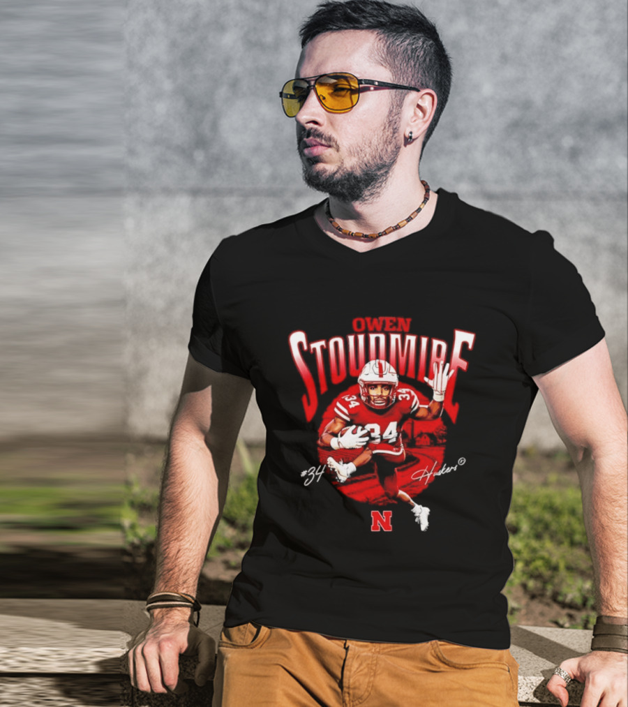 Owen Stoudmire 34 Nebraska Cornhuskers Football Player Caricature Huskers Signature T-Shirt