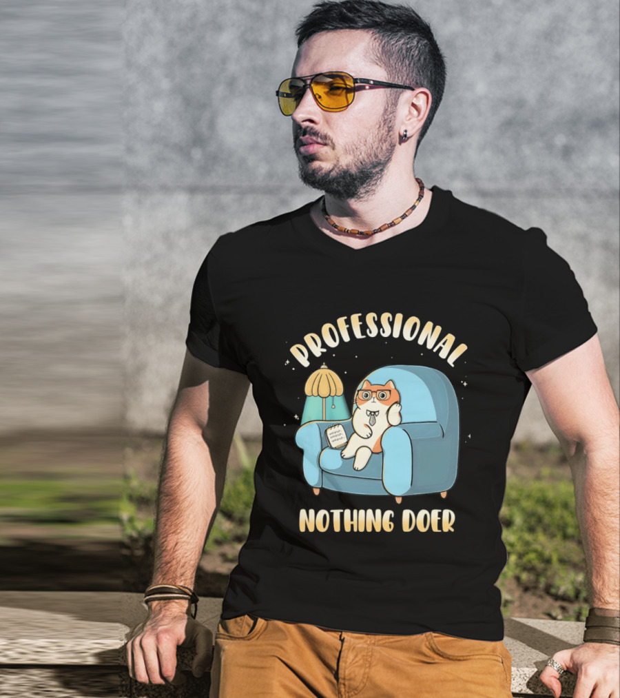Professional Nothing Doer Cat Relaxing With Book And Lamp T-Shirt