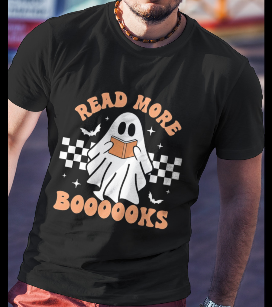 Read More Booooks Ghost Halloween Bat Checkerboard T-Shirt