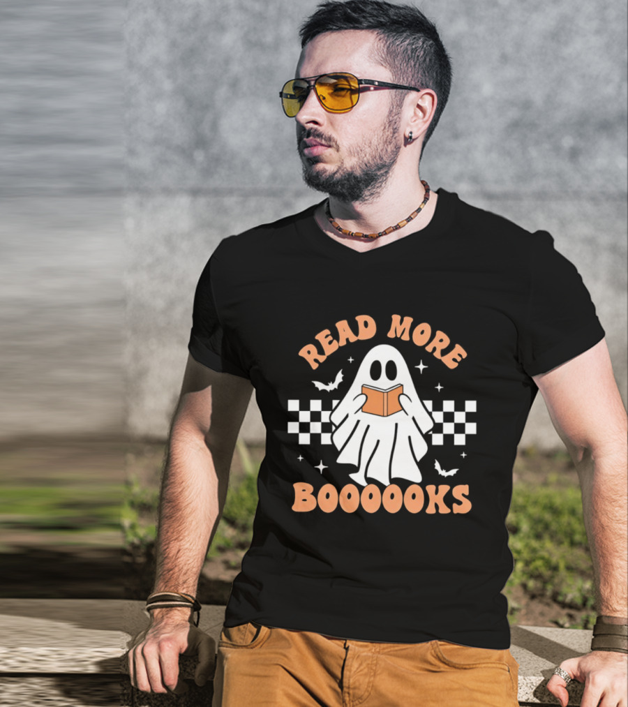 Read More Booooks Ghost Halloween Bat Checkerboard T-Shirt