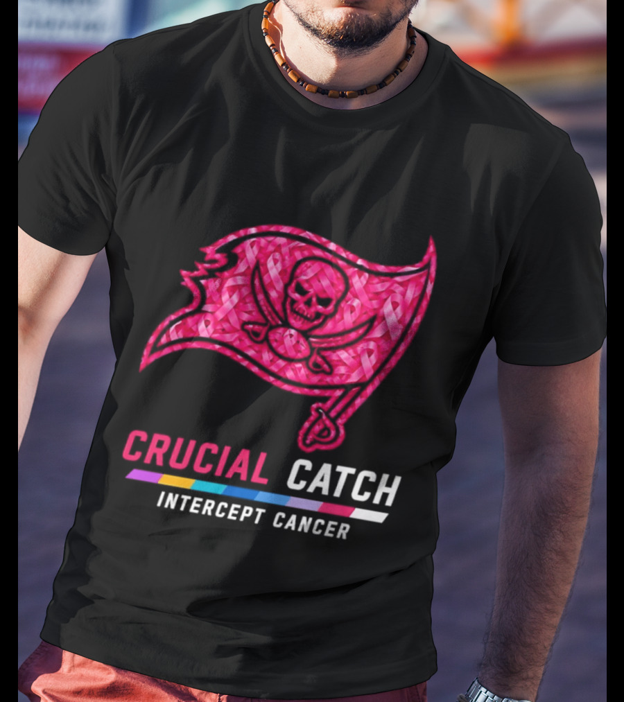Tampa Bay Buccaneers 2026 Crucial Catch Intercept Cancer Pink Ribbon Flag T-Shirt