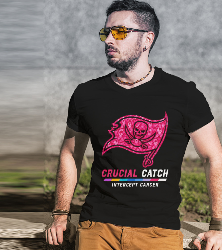 Tampa Bay Buccaneers 2026 Crucial Catch Intercept Cancer Pink Ribbon Flag T-Shirt