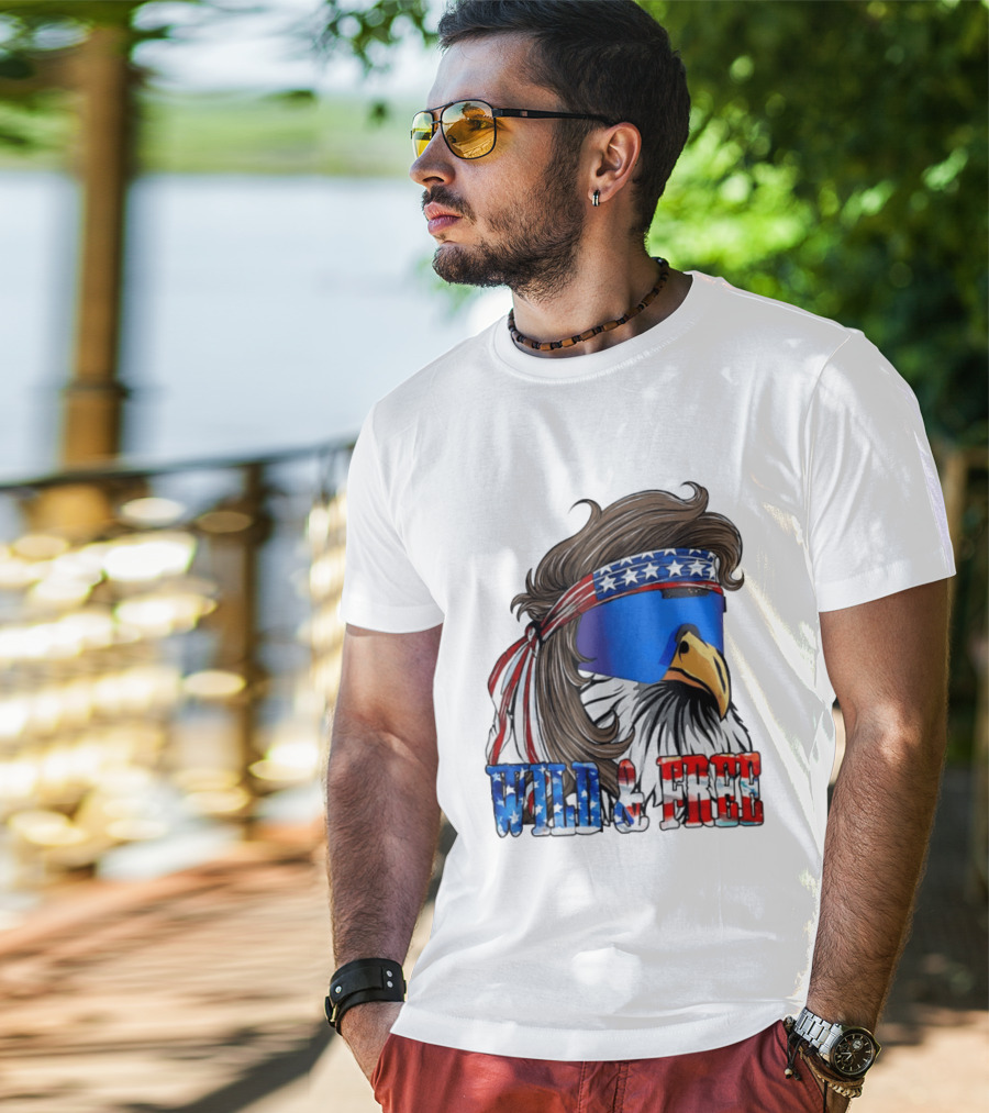 Wild And Free Bald Eagle USA Flag Bandana And Sunglasses T-Shirt