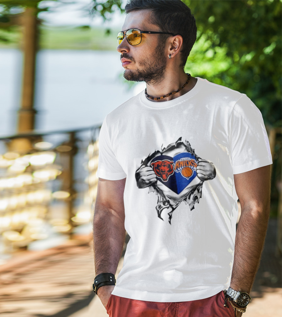 Chicago Bears New York Knicks Heart Symbol Fan Pride Collaboration T-Shirt