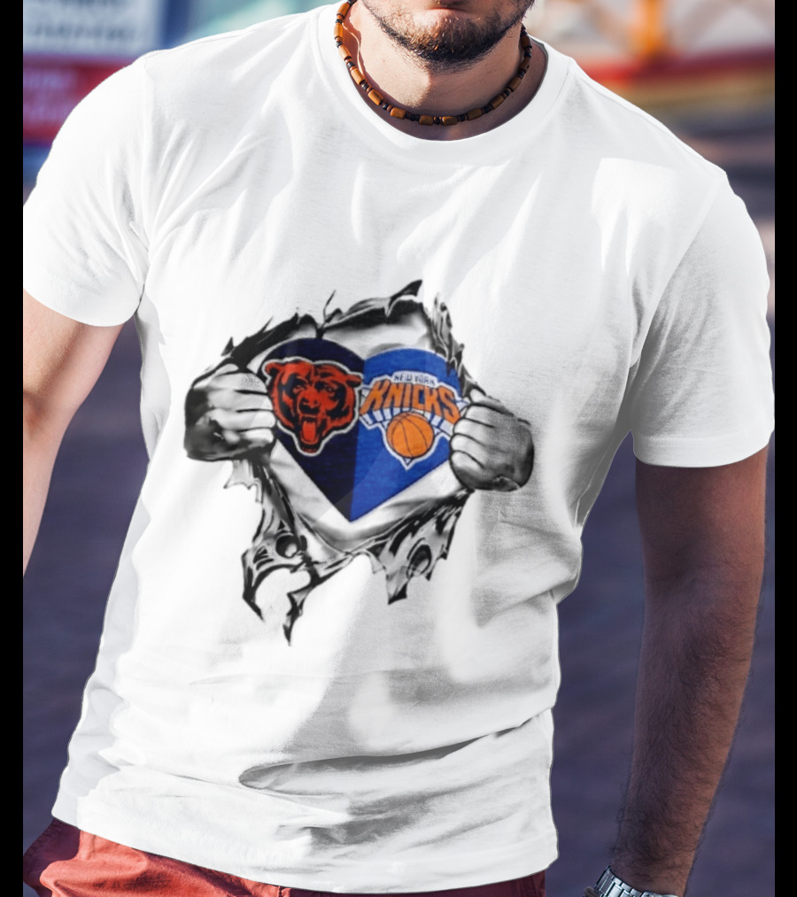 Chicago Bears New York Knicks Heart Symbol Fan Pride Collaboration T-Shirt