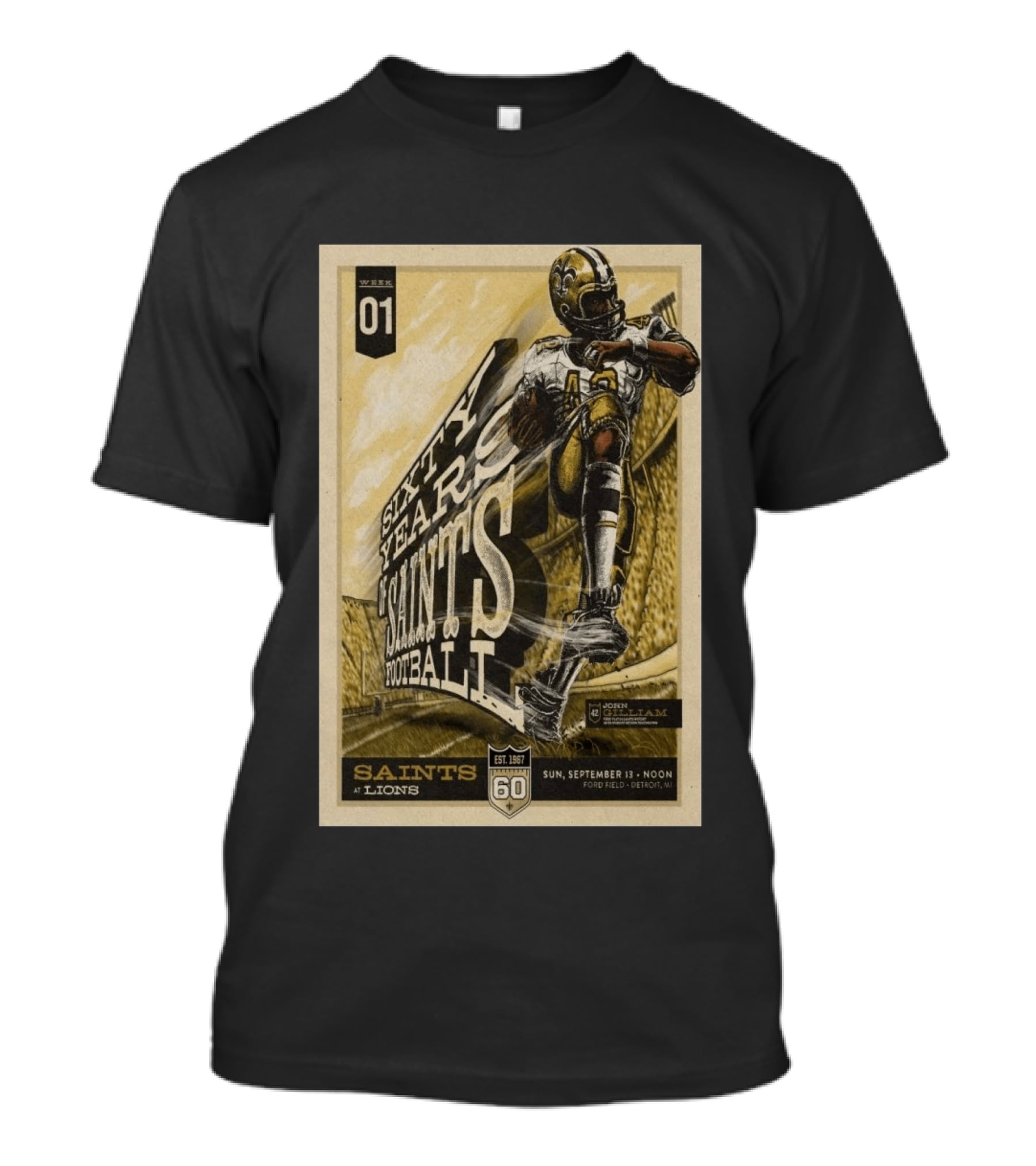 New Orleans Saints Vs Detroit Lions 60th Anniversary John Gilliam Tribute September 13 2026 Ford Field T-Shirt