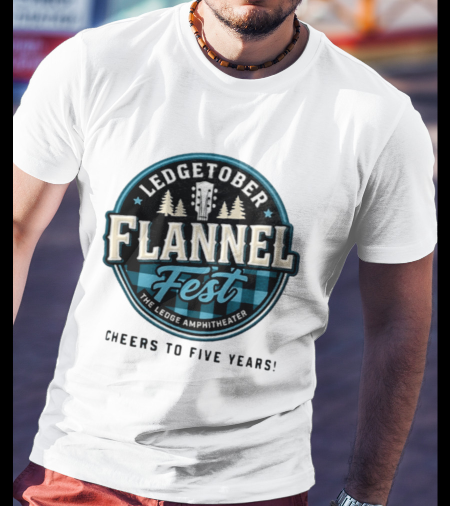 LedgeTober Flannel Fest The Ledge Amphitheater Cheers To Five Years Celebration With Trees And Guitar T-Shirt