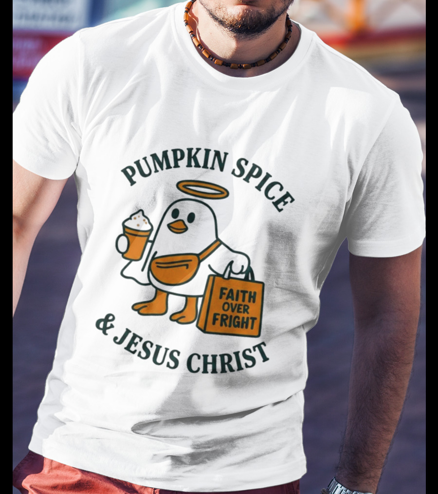 Pumpkin Spice Jesus Christ Faith Over Fright Angelic Penguin Coffee T-Shirt