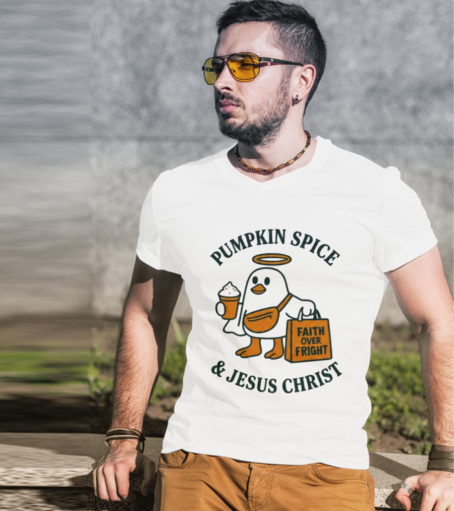 Pumpkin Spice Jesus Christ Faith Over Fright Angelic Penguin Coffee T-Shirt