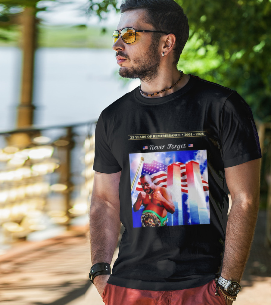 25 Years Of Remembrance 2001 2026 Beetlejuice Never Forget Twin Towers Boxing Belt American Flag T-Shirt