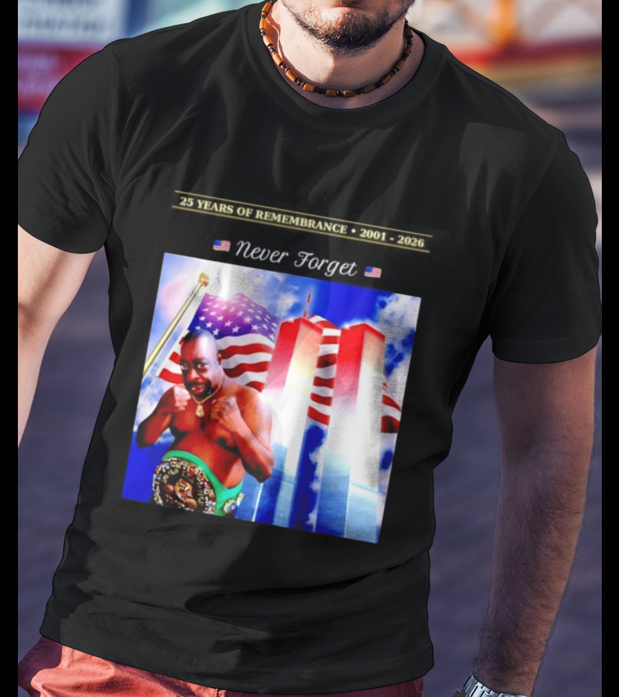 25 Years Of Remembrance 2001 2026 Beetlejuice Never Forget Twin Towers Boxing Belt American Flag T-Shirt