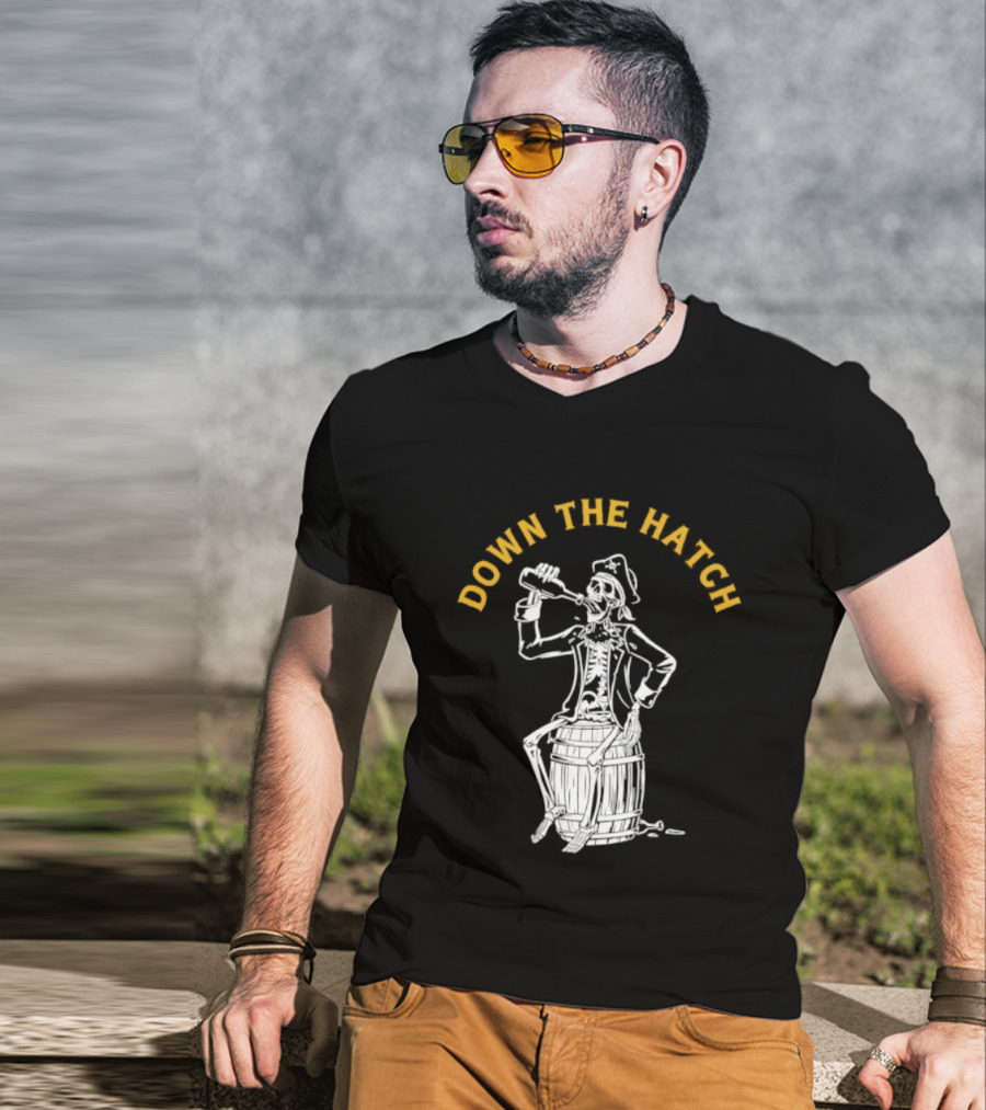 Down The Hatch Skeleton Pirate Drinking T-Shirt