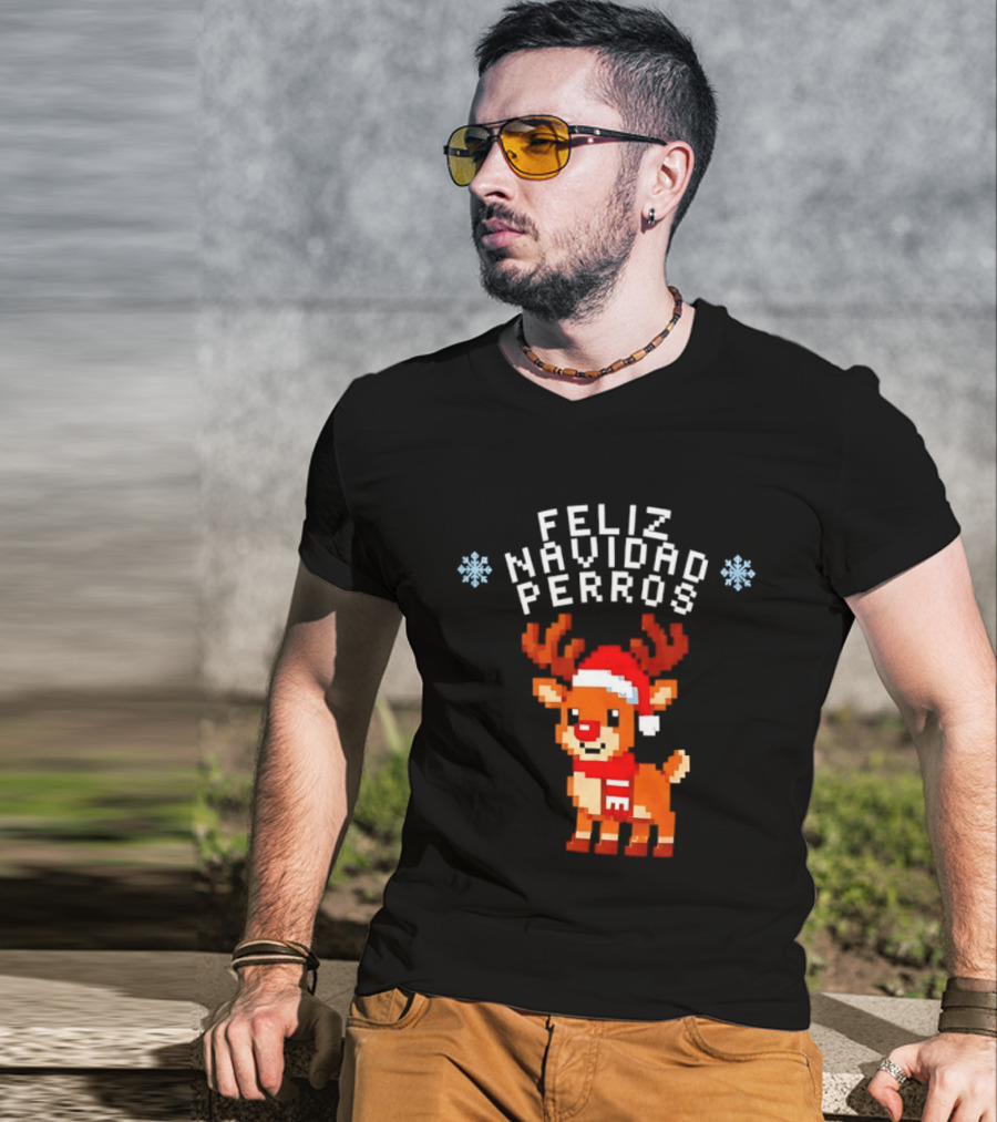 Feliz Navidad Perros Pixel Art Christmas Reindeer T-Shirt