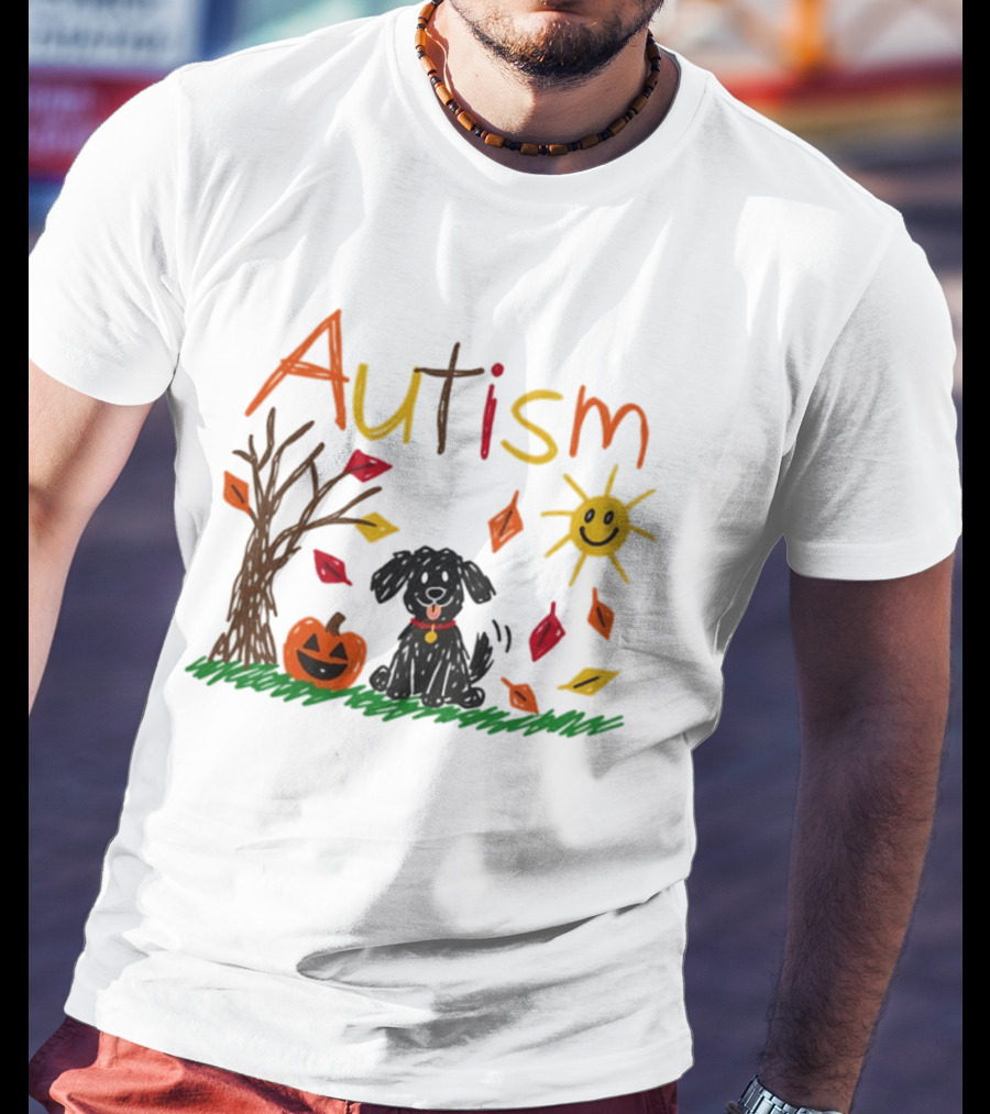 Autism Dog Pumpkin Halloween Fall Leaves Drawing T-Shirt