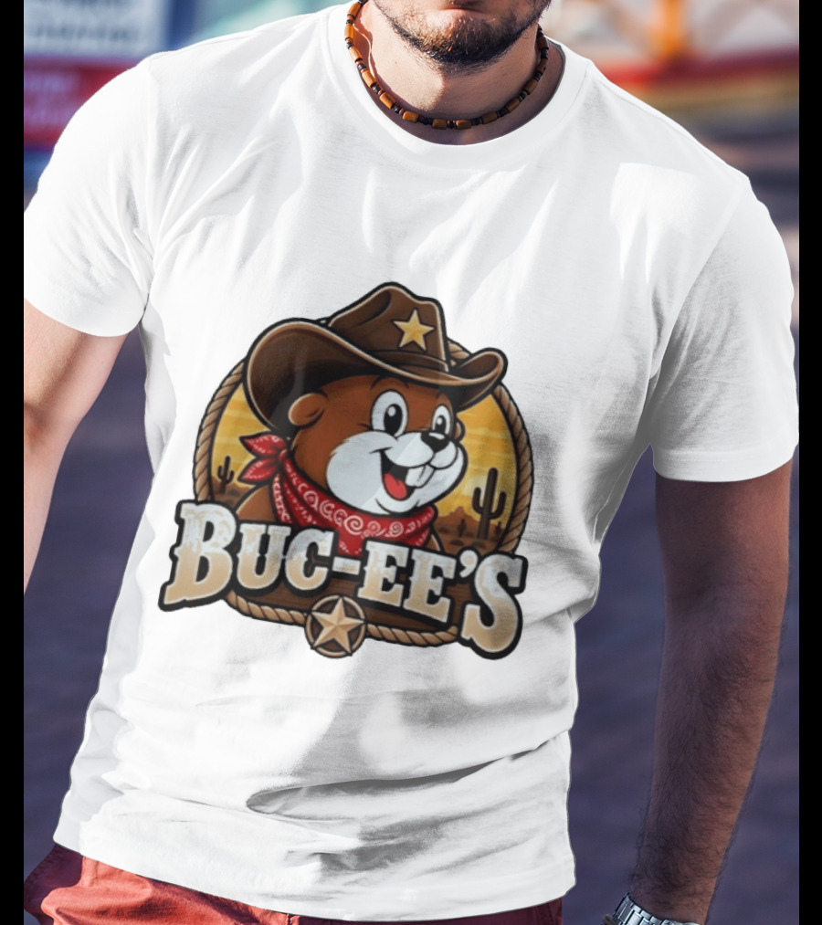Buc Ee's Cowboy Howdy Beaver Star Bandana Cacti Desert Scene T-Shirt