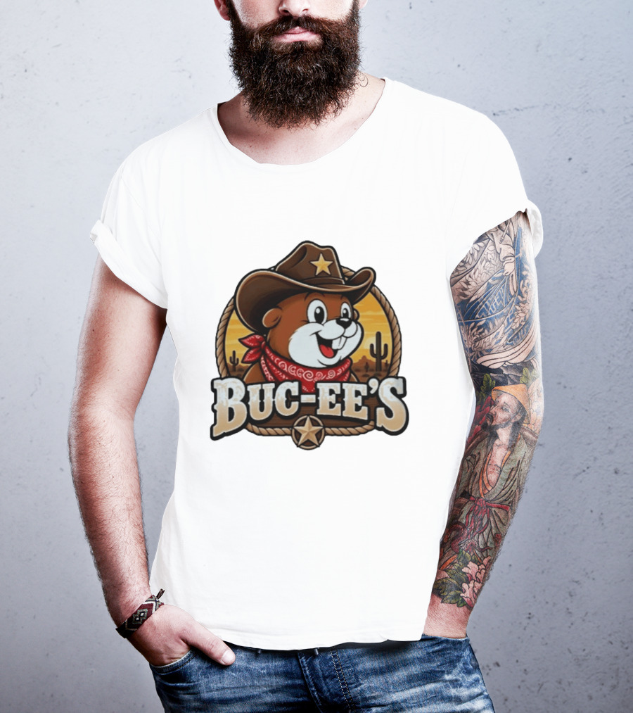 Buc Ee's Cowboy Howdy Beaver Star Bandana Cacti Desert Scene T-Shirt