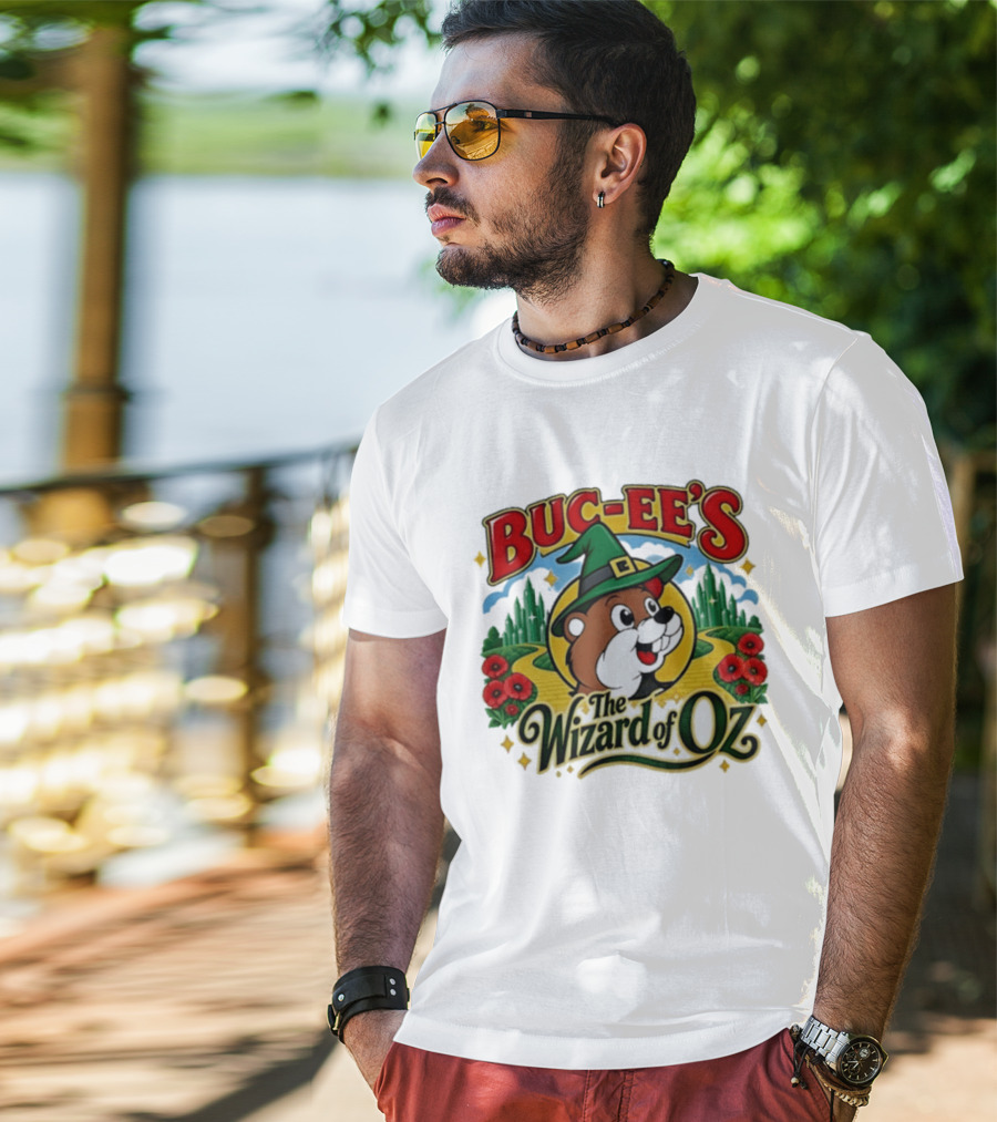 Buc Ee's The Wizard Of Oz Themed Parody With Beaver In Green Hat And Yellow Brick Road T-Shirt