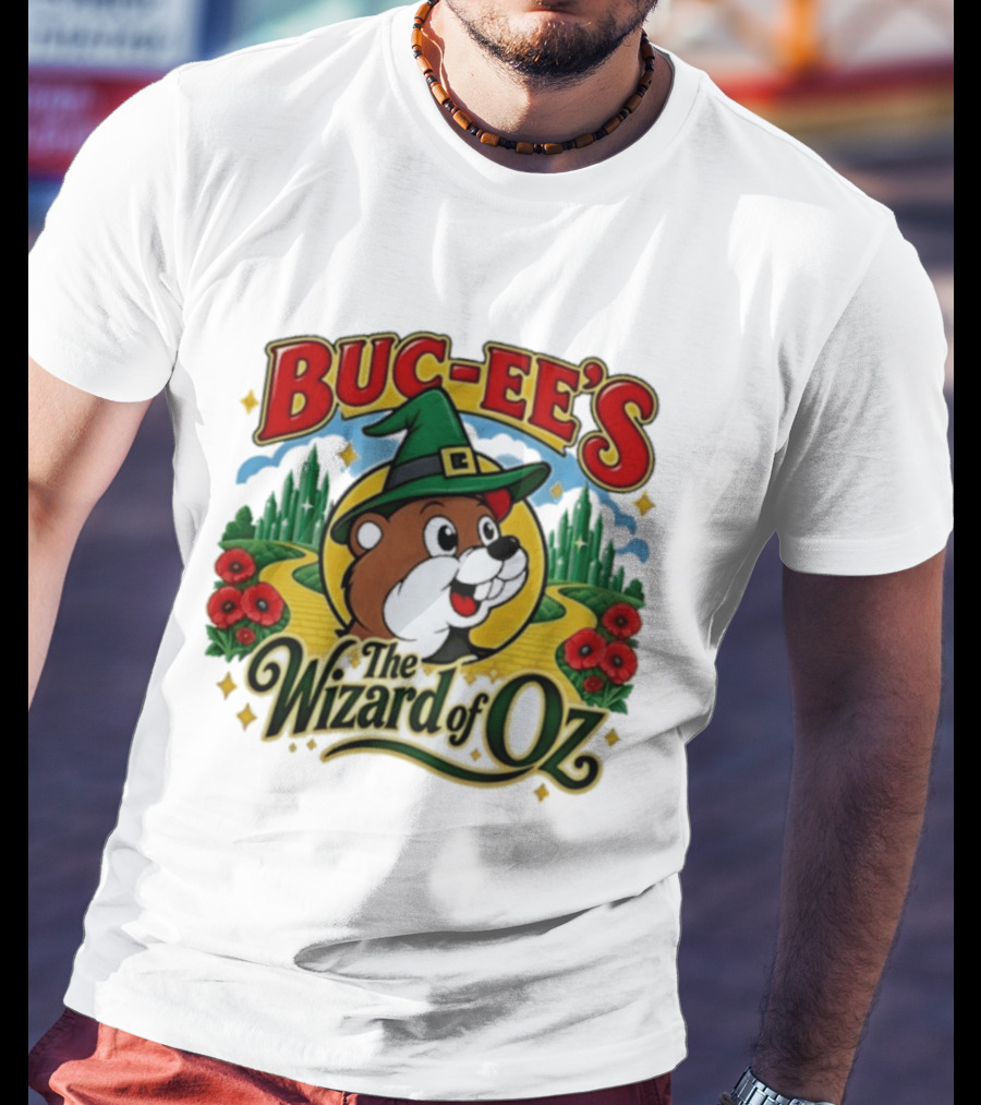 Buc Ee's The Wizard Of Oz Themed Parody With Beaver In Green Hat And Yellow Brick Road T-Shirt
