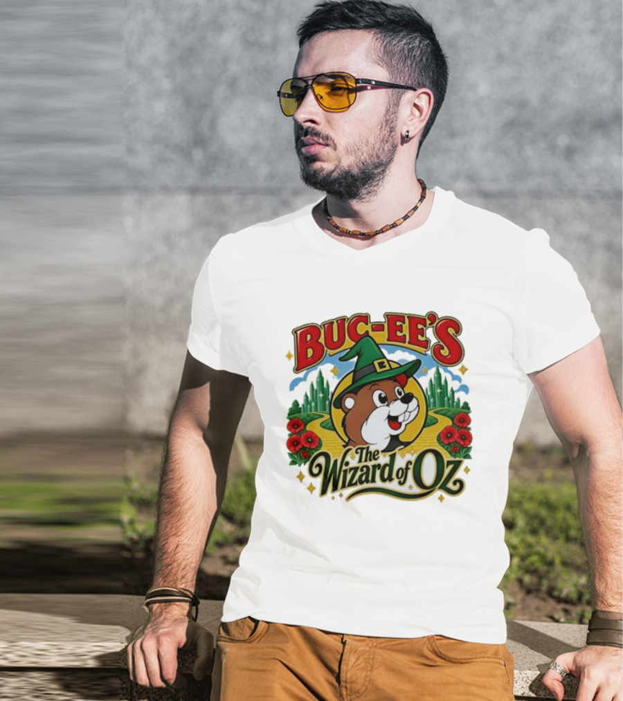 Buc Ee's The Wizard Of Oz Themed Parody With Beaver In Green Hat And Yellow Brick Road T-Shirt